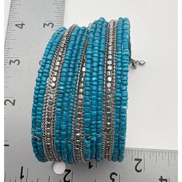Blue & Silver Beaded Coil Bracelet Stretch Design Silver Tone Bohemian Style - Picture 3 of 6